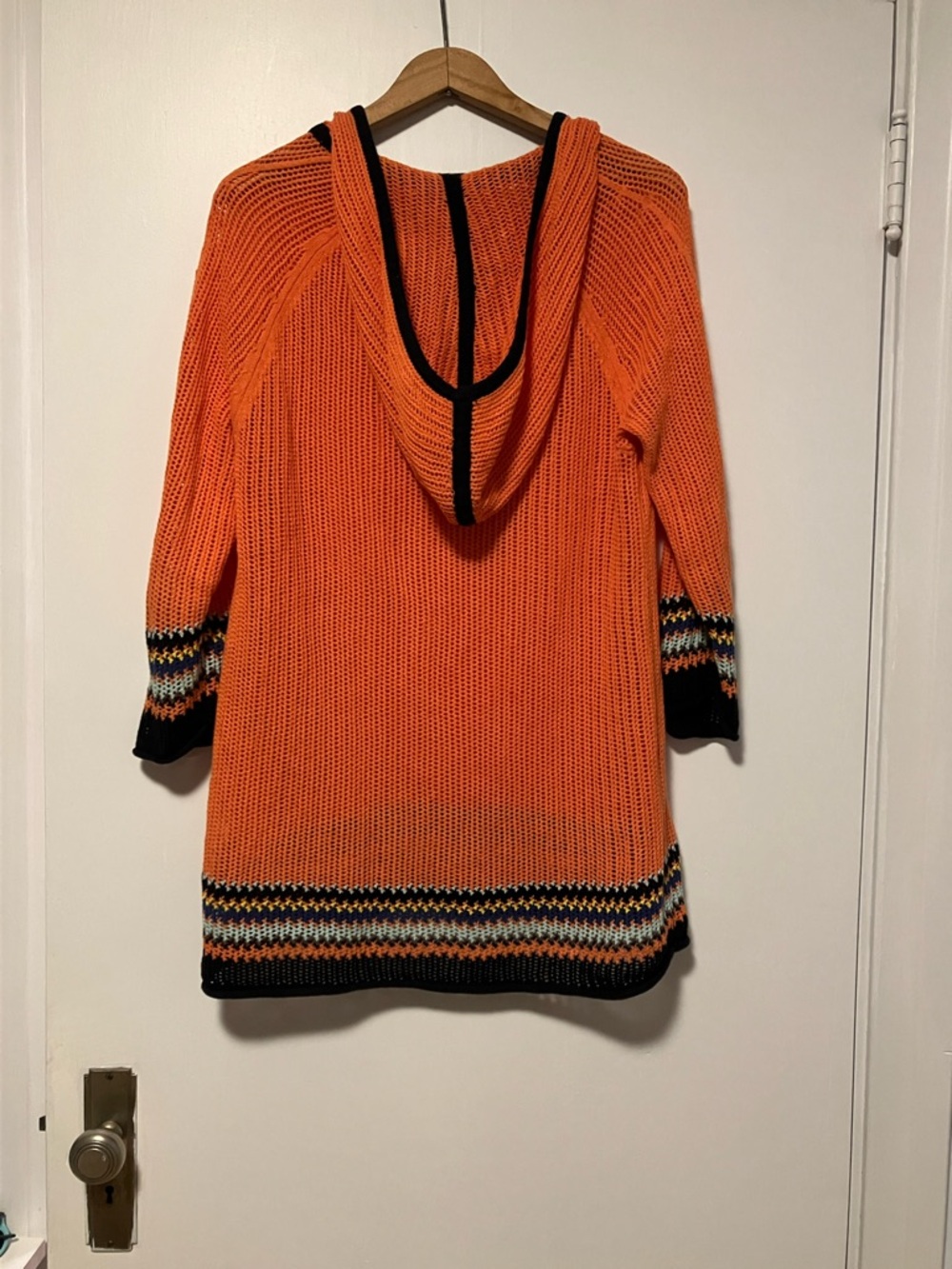 Orange Hooded Knit Swim Boho Coverup with Black Trim Linen and Cotton Blend